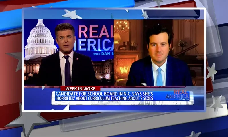 Video still from Real America on One America News Network showing a split screen of the host on the left side, and on the right side is the guest, Alex Stein.