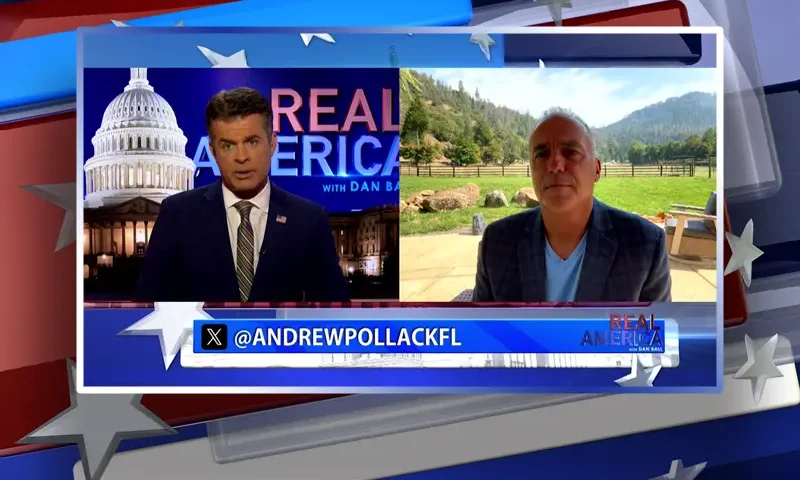 Video still from Real America on One America News Network showing a split screen of the host on the left side, and on the right side is the guest, Andrew Pollack.