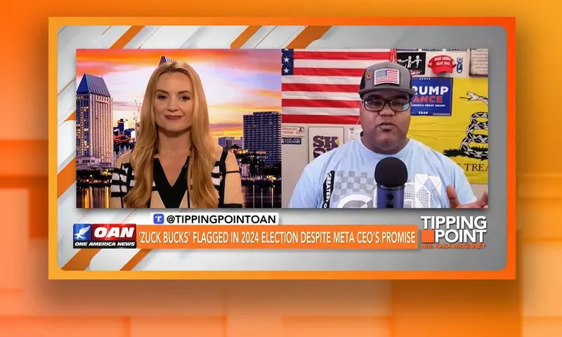 Video still from Tipping Point on One America News Network showing a split screen of the host on the left side, and on the right side is the guest, Ak Kamara.