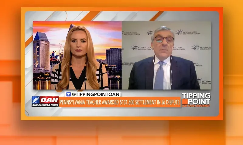Video still from Tipping Point on One America News Network showing a split screen of the host on the left side, and on the right side is the guest, Paul Kamenar.