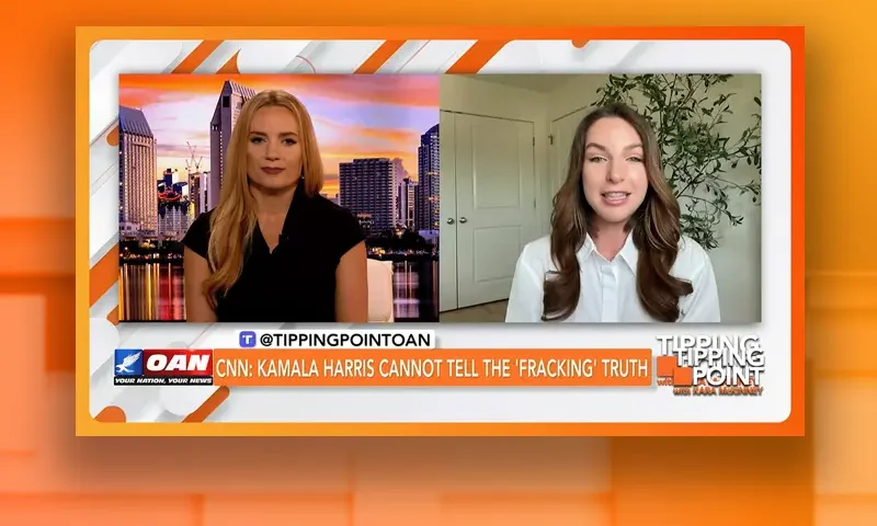 Video still from Tipping Point on One America News Network showing a split screen of the host on the left side, and on the right side is the guest, Brielle Applebaum.