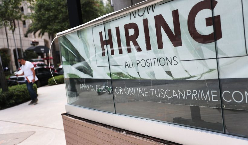 FORT LAUDERDALE, FLORIDA - MAY 03: A Now Hiring sign is seen on May 03, 2019 in Fort Lauderdale, Florida. The Labor Department released the month of April hiring and unemployment data that showed 263,000 jobs were created last month which beat analysts expectations and dropped the unemployment rate to 3.6 percent. (Photo by Joe Raedle/Getty Images)
