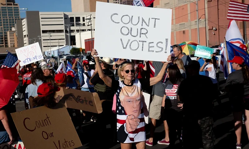 Supporters of President Donald Trump asked for the counting of votes during a protest against the election results at the Maricopa County Elections Department office on November 5, 2020 in Phoenix, Arizona. Ballots continue to be counted in many critical battleground states as the final results in the U.S. presidential election remain too close to call. (Photo by Courtney Pedroza/Getty Images)