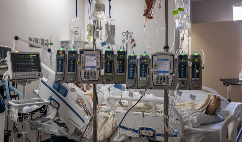 HOUSTON, TX - DECEMBER 07: (EDITORIAL USE ONLY) IV pumps and electro-cardiogram machines are seen in a patient's room in the COVID-19 intensive care unit (ICU) at the United Memorial Medical Center on December 7, 2020 in Houston, Texas. Texas has exceeded more than 1.35 million cases of Covid-19, with more than 23,200 deaths. (Photo by Go Nakamura/Getty Images)