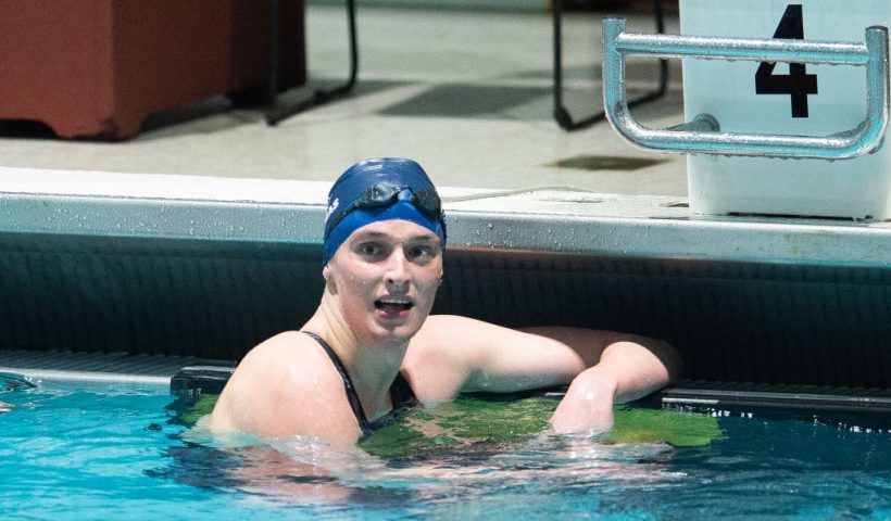 CAMBRIDGE, MA - FEBRUARY 17: University of Pennsylvania swimmer Lia Thomas looks on after swimming the 500 freestyle during the 2022 Ivy League Womens Swimming and Diving Championships at Blodgett Pool on February 17, 2022 in Cambridge, Massachusetts. (Photo by Kathryn Riley/Getty Images)