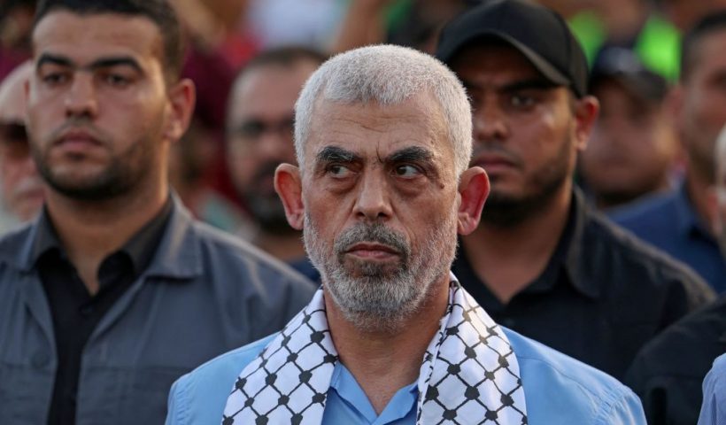 Head of the political wing of the Palestinian Hamas movement in the Gaza Strip Yahya Sinwar attends a rally in support of Jerusalem's al-Aqsa mosque in Gaza City on October 1, 2022. (Photo by MAHMUD HAMS / AFP) (Photo by MAHMUD HAMS/AFP via Getty Images)