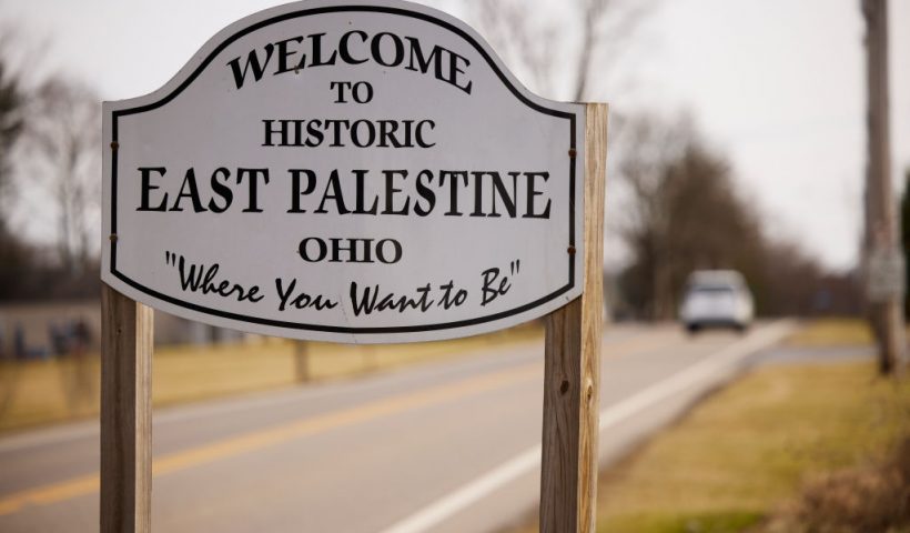 EAST PALESTINE, OH - FEBRUARY 14: A sign welcomes visitors to the town of East Palestine on February 14, 2023 in East Palestine, Ohio. A train operated by Norfolk Southern derailed on February 3, releasing toxic fumes and forcing evacuation of residents. (Photo by Angelo Merendino/Getty Images)