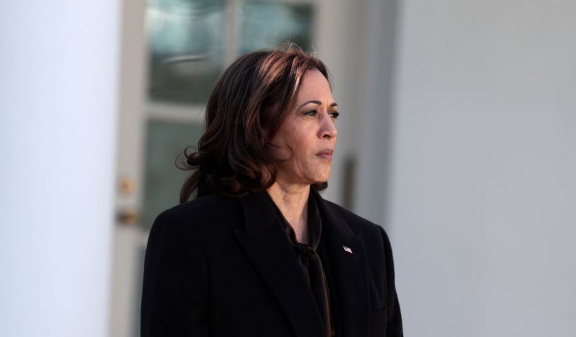 WASHINGTON, DC - MARCH 29: U.S. Vice President Kamala Harris listens as U.S. President Joe Biden delivers remarks after signing H.R. 55, the “Emmett Till Antilynching Act” in the Rose Garden of the White House on March 29, 2022 in Washington, DC. The bipartisan legislation labels lynching a federal hate crime. (Photo by Anna Moneymaker/Getty Images)