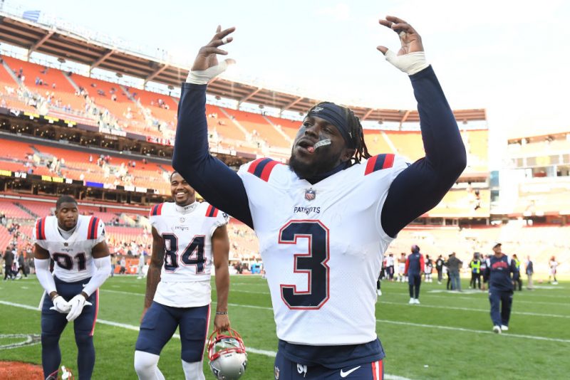 CLEVELAND, OHIO - OCTOBER 16: Jabrill Peppers #3 of the New England Patriots celebrates after his team's 38-15 win against the Cleveland Browns at FirstEnergy Stadium on October 16, 2022 in Cleveland, Ohio. (Photo by Nick Cammett/Getty Images)