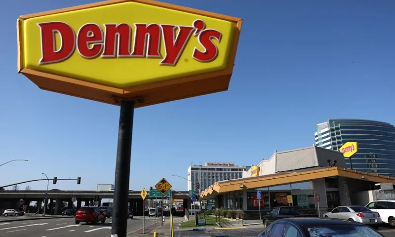 EMERYVILLE, CALIFORNIA - FEBRUARY 13: A sign is posted in front of a Denny's restaurant on February 13, 2023 in Emeryville, California. Denny's restaurant will report fourth quarter earnings today after the closing bell. (Photo by Justin Sullivan/Getty Images)