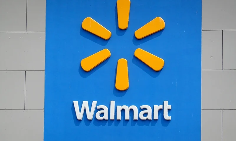 The company logo is shown on the front of the building at a Walmart store on May 18, 2023 in Chicago, Illinois. Walmart, the world's largest retailer, today reported first-quarter same-store sales growth that beat expectations and the company raised its full-year forecast. (Photo by Scott Olson/Getty Images)
