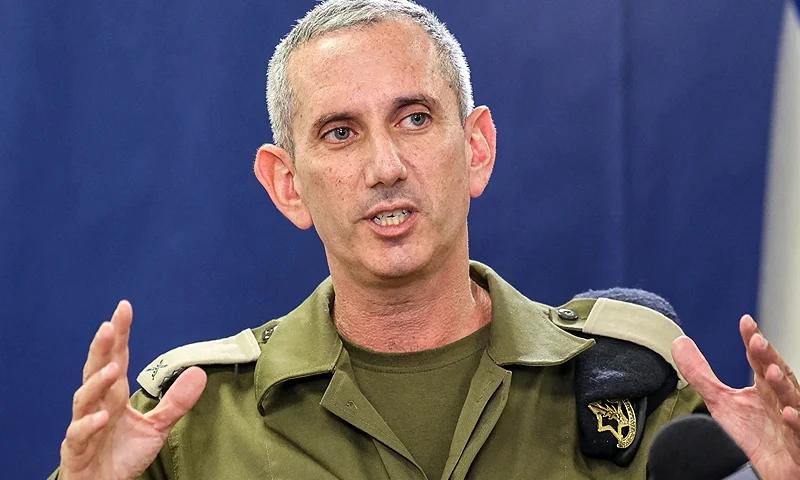 Israeli army spokesman Rear Admiral Daniel Hagari speaks to the press from The Kirya, which houses the Israeli Ministry of Defence, in Tel Aviv on October 18, 2023. A blast ripped through a hospital in war-torn Gaza killing hundreds of people late on October 17, sparking global condemnation and angry protests around the Muslim world. Spokesman Hagari on October 18 said that Israel had "evidence" that militants were responsible for the blast that killed hundreds at a Gaza hospital, saying a review proved others were at fault. (Photo by GIL COHEN-MAGEN / AFP) (Photo by GIL COHEN-MAGEN/AFP via Getty Images)