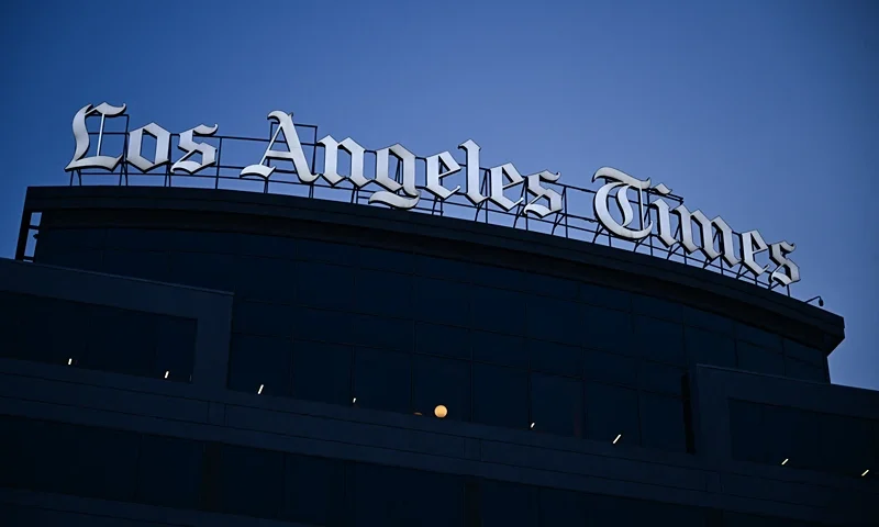 The Los Angeles Times newspaper headquarters in El Segundo, California on January 18, 2024. The LA Times Guild announced online a walkout for Friday, January 19, to protest newsroom layoffs and changes to seniority protections. (Photo by Patrick T. Fallon / AFP) (Photo by PATRICK T. FALLON/AFP via Getty Images)