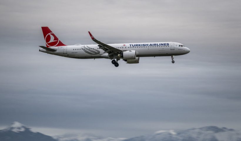This photograph taken on January 23, 2024 shows an Airbus A321-271NX commercial plane of Turkish Airlines landing at Geneva Airport. (Photo by Fabrice COFFRINI / AFP) (Photo by FABRICE COFFRINI/AFP via Getty Images)