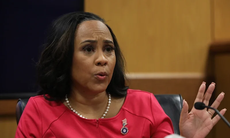 Fulton County District Attorney Fani Willis testifies during a hearing in the case of the State of Georgia v. Donald John Trump at the Fulton County Courthouse on February 15, 2024 in Atlanta, Georgia. Judge Scott McAfee is hearing testimony as to whether Willis and Special Prosecutor Nathan Wade should be disqualified from the case for allegedly lying about a personal relationship. (Photo by Alyssa Pointer-Pool/Getty Images)