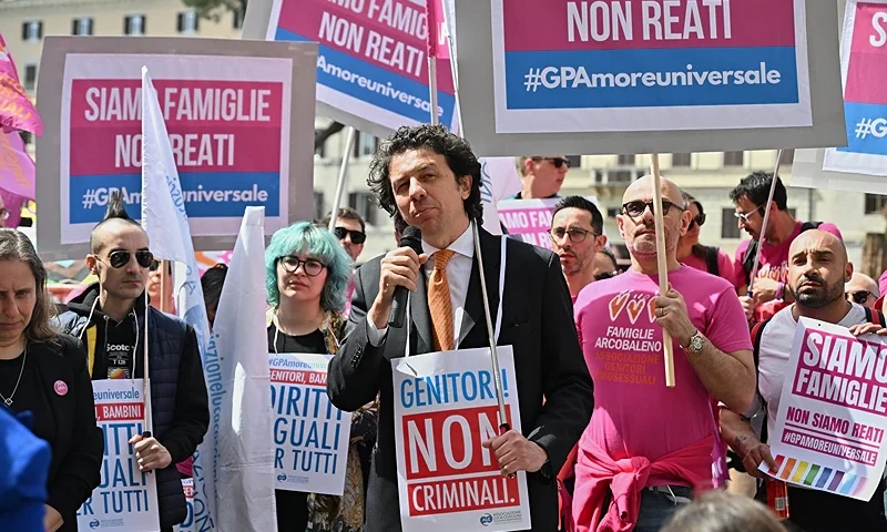 Italian former member of the European Parliament, Marco Cappato, delivers a speech during a gathering organized by families and LGBTQ associations to support gestational surrogacy at Torre Argentina Square in Rome, on April 5 2024. (Photo by Andreas SOLARO / AFP) (Photo by ANDREAS SOLARO/AFP via Getty Images)