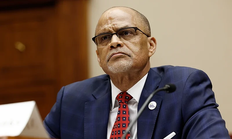 WASHINGTON, DC - MAY 08: David Banks, chancellor of the New York City Department of Education, listens during a hearing with subcommittee members of the House Education and the Workforce Committee in the Rayburn House Office Building on May 08, 2024 in Washington, DC. Members of the Early Childhood, Elementary, and Secondary Education subcommittee held the hearing to speak with education workers and a member of the ACLU to discuss cases of antisemitism in K-12 schools. (Photo by Anna Moneymaker/Getty Images)