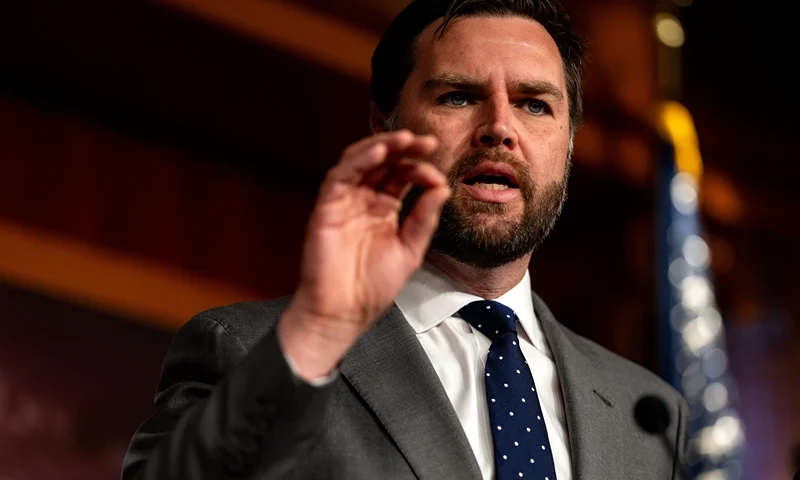 WASHINGTON, DC - MAY 22: Sen. JD Vance (R-OH) gestures while speaking during a news conference on Capitol Hill on May 22, 2024 in Washington, DC. Senate Democrats have revived the bipartisan border bill that was already blocked once earlier this year, and Republicans including Sen. James Lankford (R-OK), who negotiated the immigration package say they will block it again. (Photo by Kent Nishimura/Getty Images)