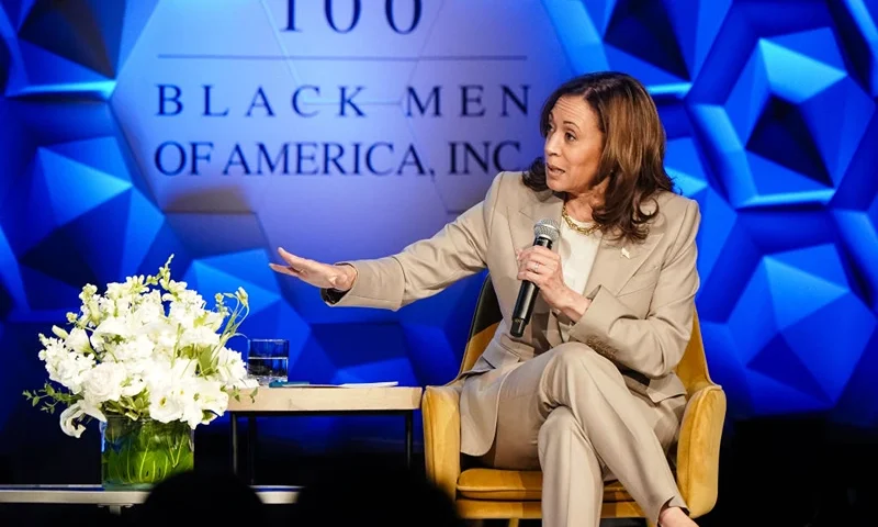US Vice President Kamala Harris speaks during a conversation with Steve Harvey at the 38th Annual 100 Black Men in America Conference on June 14, 2024 in Atlanta, Georgia. (Photo by Elijah Nouvelage / AFP) (Photo by ELIJAH NOUVELAGE/AFP via Getty Images)