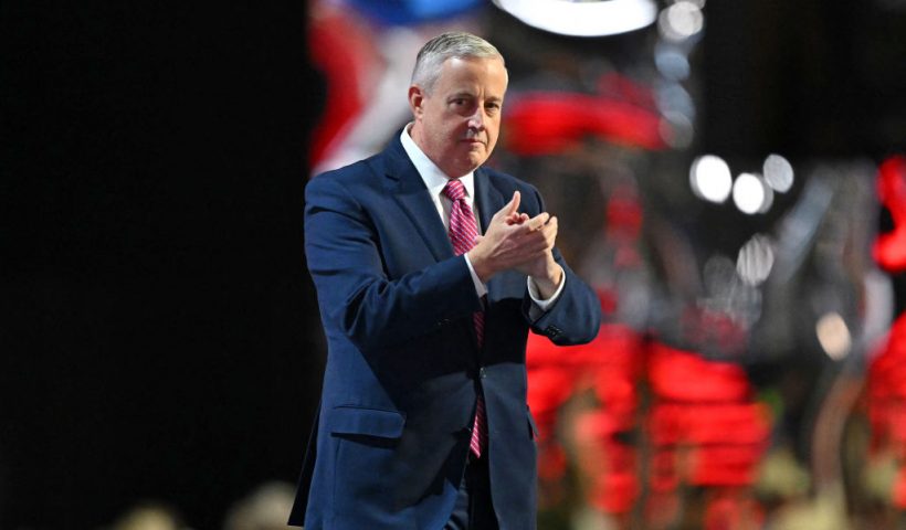 Republican National Committee Chairman Michael Whatley applauds during the first day of the 2024 Republican National Convention at the Fiserv Forum in Milwaukee, Wisconsin, July 15, 2024. Days after he survived an assassination attempt, Republicans are set to nominate Donald Trump as the party's official presidential candidate at the Republican National Convention taking place in Milwaukee, Wisconsin, from July 15 to 18. (Photo by ANGELA WEISS / AFP) (Photo by ANGELA WEISS/AFP via Getty Images)