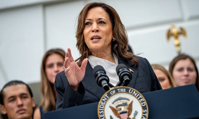 Vice President Kamala Harris speaks during an NCAA championship teams celebration on the South Lawn of the White House on July 22, 2024 in Washington, DC. U.S. President Joe Biden abandoned his campaign for a second term after weeks of pressure from fellow Democrats to withdraw and just months ahead of the November election, throwing his support behind Harris. (Photo by Andrew Harnik/Getty Images)