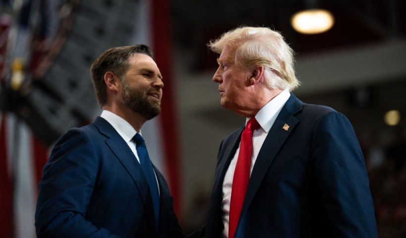 ST CLOUD, MINNESOTA - JULY 27: Republican vice presidential nominee U.S. Sen. J.D. Vance (R-OH) introduces U.S. Republican Presidential nominee former President Donald Trump during a rally at Herb Brooks National Hockey Center on July 27, 2024 in St Cloud, Minnesota. Trump hopes to flip the state of Minnesota this November, which hasn't been carried by a Republican in a presidential election since 1972. (Photo by Stephen Maturen/Getty Images)