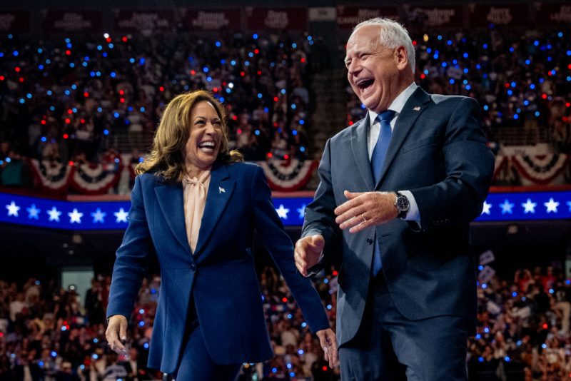 PHILADELPHIA, PENNSYLVANIA - AUGUST 6: Democratic presidential candidate, U.S. Vice President Kamala Harris and Democratic vice presidential nominee Minnesota Gov. Tim Walz walk out on stage together during a campaign event on August 6, 2024 in Philadelphia, Pennsylvania. Harris ended weeks of speculation about who her running mate would be, selecting the 60 year old midwestern governor over other candidates. (Photo by Andrew Harnik/Getty Images)