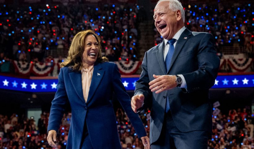 PHILADELPHIA, PENNSYLVANIA - AUGUST 6: Democratic presidential candidate, U.S. Vice President Kamala Harris and Democratic vice presidential nominee Minnesota Gov. Tim Walz walk out on stage together during a campaign event on August 6, 2024 in Philadelphia, Pennsylvania. Harris ended weeks of speculation about who her running mate would be, selecting the 60 year old midwestern governor over other candidates. (Photo by Andrew Harnik/Getty Images)