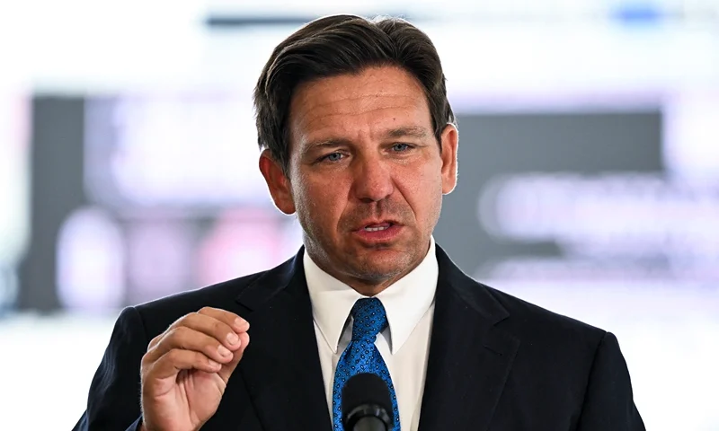 Florida Governor Ron DeSantis speaks during a news conference at Chase Stadium in Fort Lauderdale, Florida, on August 8, 2024. DeSantis awarded Miami-Dade County with an $8 million grant to help with the construction of their new stadium, Miami Freedom Park. (Photo by CHANDAN KHANNA / AFP) (Photo by CHANDAN KHANNA/AFP via Getty Images)