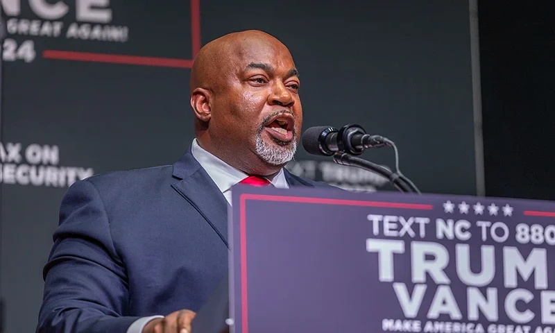 Mark Robinson, Lieutenant Governor of North Carolina and candidate for Governor, delivers remarks prior to Republican presidential nominee former President Donald Trump speaking at a campaign event at Harrah's Cherokee Center on August 14, 2024 in Asheville, North Carolina. Trump will speak on the economy as Vice President Kamala Harris surges in the polls in swing states. (Photo by Grant Baldwin/Getty Images)