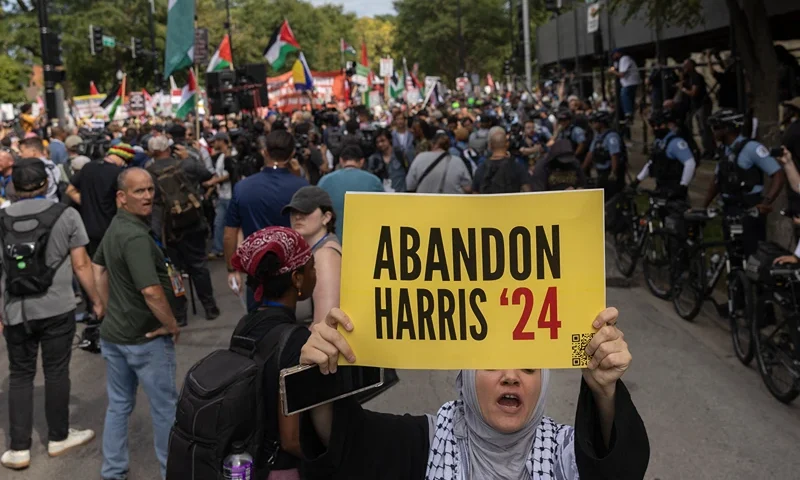 A protesters holds an anti-Harris sign reading "Abandon Harris '24" as she marches along with others around the perimeter of the Democratic National Convention (DNC) before the start of the convention in Chicago, Illinois, on August 19, 2024. (Photo by CHRISTIAN MONTERROSA / AFP) (Photo by CHRISTIAN MONTERROSA/AFP via Getty Images)