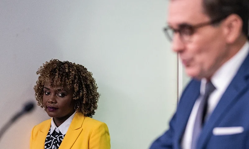 White House Press Secretary Karine Jean-Pierre (L) looks on as US National Security Council (NSC) spokesman John Kirby speaks during the daily briefing in the Brady Briefing Room of the White House in Washington, DC, on September 9, 2024. (Photo by ANDREW CABALLERO-REYNOLDS / AFP) (Photo by ANDREW CABALLERO-REYNOLDS/AFP via Getty Images)