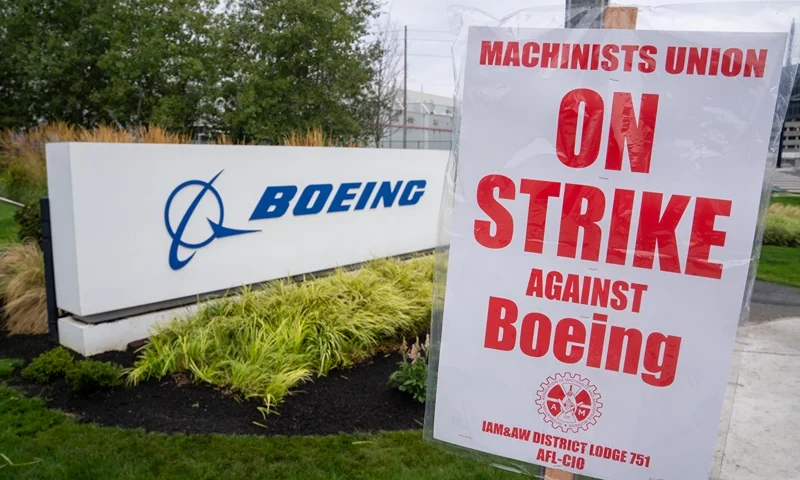 RENTON, WASHINGTON - SEPTEMBER 13: A strike sign is pictured outside a Boeing factory on September 13, 2024 in Renton, Washington. The Boeing Machinists union voted overwhelmingly to reject the airplane maker's contract offer and strike. (Photo by Stephen Brashear/Getty Images)