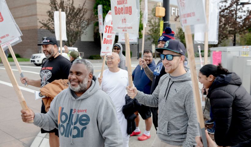 Striking Boeing workers and their supporters picket outside the Boeing Co. manufacturing facility in Renton, Washington on September 16, 2024. In the first strike in 16 years, thousands of Boeing factory workers walked off the job in a dispute of pay that is likely to effect the manufacture of Boeing commercial planes. (Photo by Yehyun Kim / AFP) (Photo by YEHYUN KIM/AFP via Getty Images)