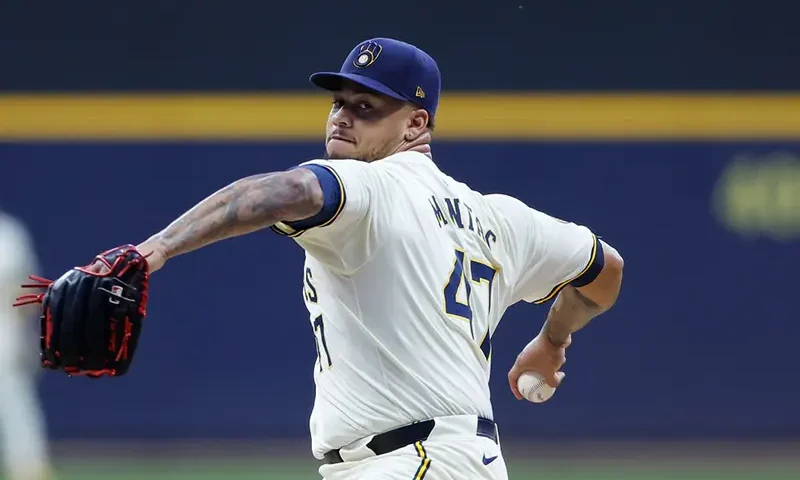 Frankie Montas #47 of the Milwaukee Brewers throws a pitch in the first inning against the Philadelphia Phillies at American Family Field on September 17, 2024 in Milwaukee, Wisconsin. (Photo by John Fisher/Getty Images)