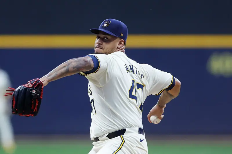 Frankie Montas #47 of the Milwaukee Brewers throws a pitch in the first inning against the Philadelphia Phillies at American Family Field on September 17, 2024 in Milwaukee, Wisconsin. (Photo by John Fisher/Getty Images)