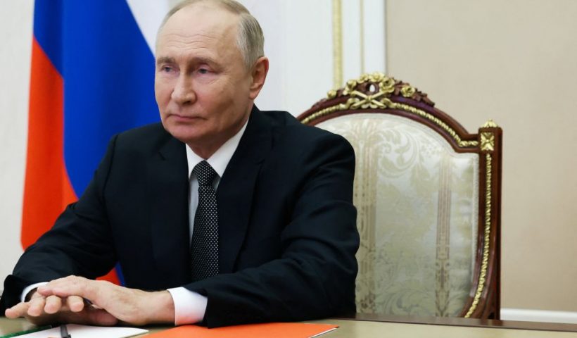In this pool photograph distributed by the Russian state agency Sputnik, Russia's President Vladimir Putin holds a Security Council meeting via videoconference in Moscow on September 27, 2024. (Photo by Sergey Ilyin / POOL / AFP) (Photo by SERGEY ILYIN/POOL/AFP via Getty Images)