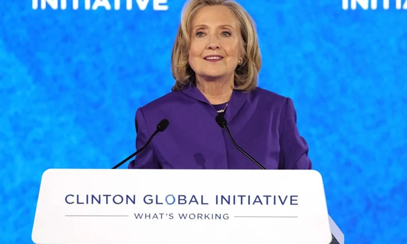 NEW YORK, NEW YORK - SEPTEMBER 23: Former US Secretary of State Hillary Clinton speaks onstage during Day 1 of the Clinton Global Initiative 2024 Annual Meeting at New York Hilton Midtown on September 23, 2024 in New York City. (Photo by Craig Barritt/Getty Images for Clinton Global Initiative)