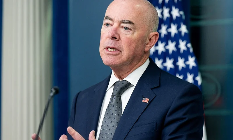 Secretary of Homeland Security Alejandro Mayorkas speaks about Hurricane Helene during the daily press briefing in the Brady Press Briefing Room of the White House in Washington, DC, on October 1, 2024. (Photo by SAUL LOEB / AFP) (Photo by SAUL LOEB/AFP via Getty Images)