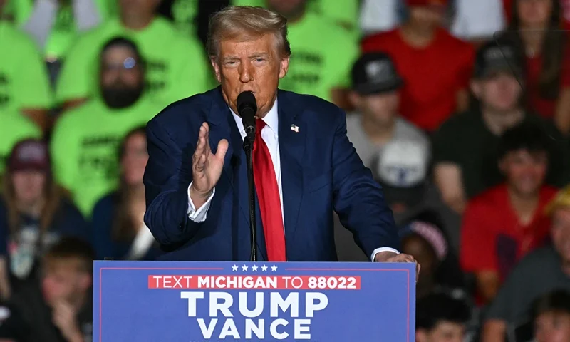 Former US President and Republican presidential candidate Donald Trump speaks during a campaign event at the Ryder Center for Health and Physical Education at Saginaw Valley State University in Saginaw, Michigan, on October 3, 2024. (Photo by Jim WATSON / AFP) (Photo by JIM WATSON/AFP via Getty Images)