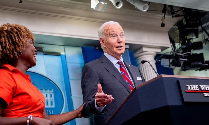 WASHINGTON, DC - OCTOBER 4: U.S. President Joe Biden, accompanied by White House press secretary Karine Jean-Pierre, jokes about taking so many questions during a news conference in the Brady Press Briefing Room at the White House on October 04, 2024 in Washington, DC. Biden made a surprise appearance, his first in the briefing room since becoming president, to tout a positive job report and take questions from reporters. (Photo by Andrew Harnik/Getty Images)