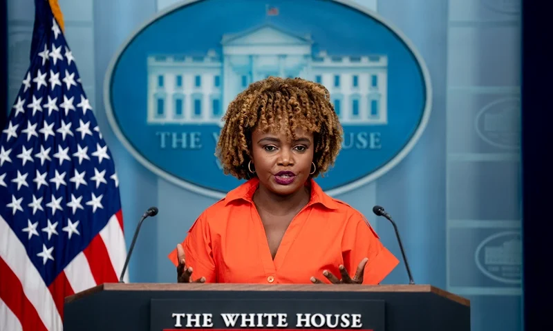 White House press secretary Karine Jean-Pierre speaks during a news conference in the Brady Press Briefing Room at the White House on October 04, 2024 in Washington, DC. U.S. President Joe Biden made a surprise appearance, his first in the briefing room since becoming president, to tout a positive job report. Biden and Jean-Pierre took question on the economy, the Middle East, storm relief efforts following Hurricane Helene, and other topics. (Photo by Andrew Harnik/Getty Images)