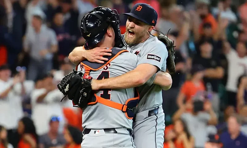 Will Vest #19 and Jake Rogers #34 of the Detroit Tigers celebrate after defeating the Houston Astros 5-2 during Game Two of the Wild Card Series at Minute Maid Park on October 02, 2024 in Houston, Texas. (Photo by Alex Slitz/Getty Images)