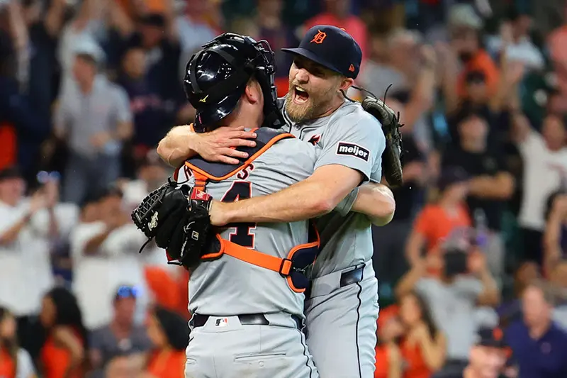 Will Vest #19 and Jake Rogers #34 of the Detroit Tigers celebrate after defeating the Houston Astros 5-2 during Game Two of the Wild Card Series at Minute Maid Park on October 02, 2024 in Houston, Texas. (Photo by Alex Slitz/Getty Images)
