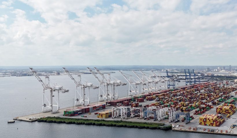BALTIMORE, MARYLAND - OCTOBER 03: An aerial view of the Dundalk Marine Terminal October 03, 2024 in Baltimore, Maryland. Dockworkers with the International Longshoremen’s Association (ILA) at 36 major ports on the East Coast and Gulf region walked off the job earlier this week, kicking off the first nationwide strike by the ILA since 1977, after the union failed to reach a contract agreement with port ownership. (Photo by Anna Moneymaker/Getty Images)