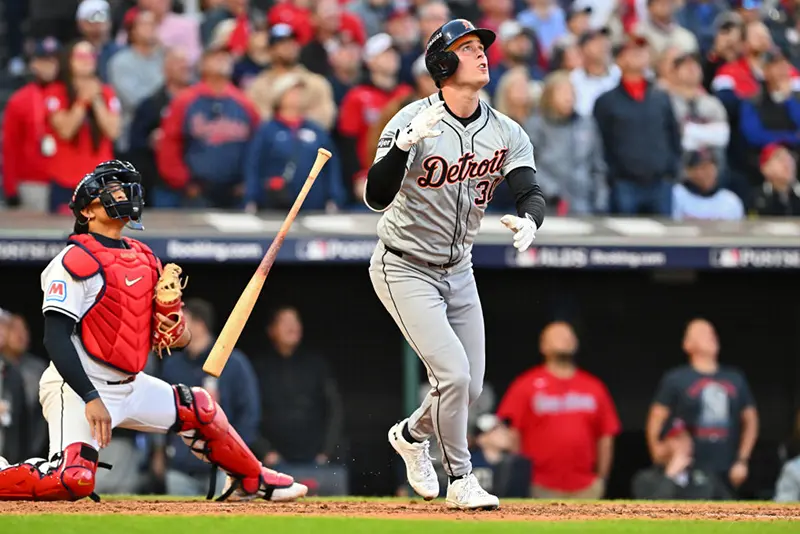 Kerry Carpenter #30 of the Detroit Tigers hits a home run in the ninth inning against the Cleveland Guardians during Game Two of the Division Series at Progressive Field on October 07, 2024 in Cleveland, Ohio. (Photo by Jason Miller/Getty Images)