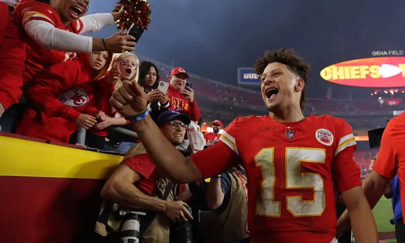 Patrick Mahomes #15 of the Kansas City Chiefs reacts after a 26-13 victory against the New Orleans Saints at GEHA Field at Arrowhead Stadium on October 07, 2024 in Kansas City, Missouri. (Photo by Jamie Squire/Getty Images)