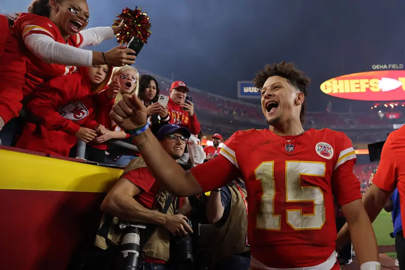 Patrick Mahomes #15 of the Kansas City Chiefs reacts after a 26-13 victory against the New Orleans Saints at GEHA Field at Arrowhead Stadium on October 07, 2024 in Kansas City, Missouri. (Photo by Jamie Squire/Getty Images)
