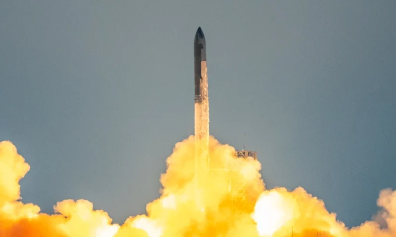 The SpaceX Starship lifts off from Starbase near Boca Chica, Texas, on October 13, 2024, for the Starship Flight 5 test. SpaceX successfully "caught" the first-stage booster of its Starship megarocket Sunday as it returned to the launch pad after a test flight, a world first in the company's quest for rapid reusability. (Photo by SERGIO FLORES / AFP) (Photo by SERGIO FLORES/AFP via Getty Images)
