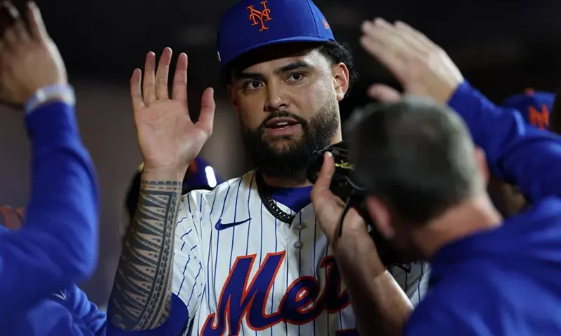 Sean Manaea #59 of the New York Mets is congratulated by teammates in the dugout after leaving the game in the eighth inning against the Philadelphia Phillies during Game Three of the Division Series at Citi Field on October 08, 2024 in New York City. (Photo by Elsa/Getty Images)